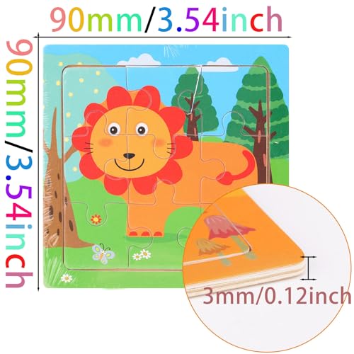 12 Pack Mini Wooden Animal Puzzles for Kids 3+ - 9-Piece Toddler Educational Travel Toys | Cute Farm & Wild Animal Party Favors | Preschool Learning Gift Set for Boys & Girls