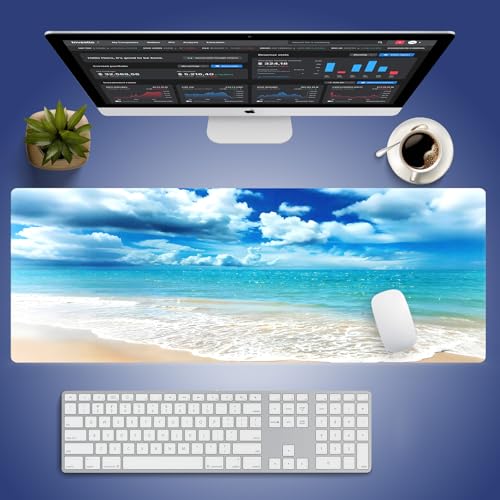 Tranquil Coastal Beach Large Mouse Pad, Blue Ocean Puffy Clouds Desk Mat | Nature Sean Scenery, 31.5" x 11.8", XXL Gaming/Office Durable Stitched Keyboard Mat, Smooth Surface Anti-Slip Base - color: Clear Blue Beach Scene