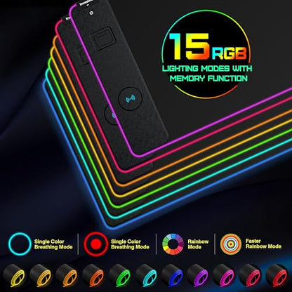 Wireless Charging RGB Gaming Mouse Pad, Mouse Mat with 15W Fast Charging, LED Large Gaming Mousepad with 15 Lights Modes, Ultra-Smooth Surface, Waterproof Non-Slip Desk Pad for Laptop, MacBook, PC