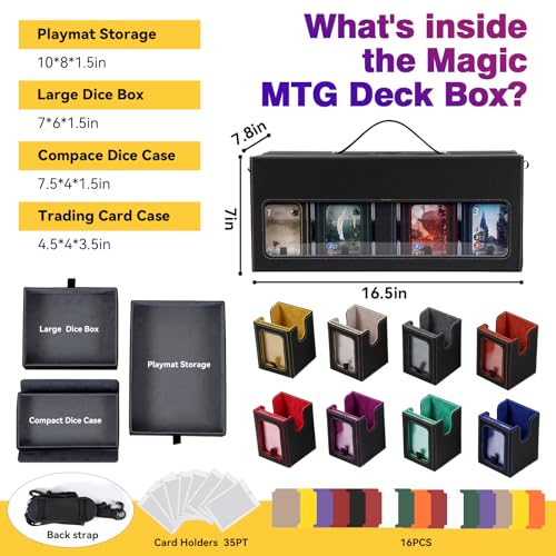 Mtg Commander Deck Box with Handle, 8Removable Deck Modular and 3Dice Trays | Holds 1500+Double-Sleeved Cards, Strap & Magnetic Lock, Magnetic Holders, Dividers Included, Display Window, Fit TCG/EDH - color: Multicolour