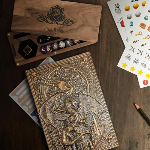 First Reign DnD Journal | Character Sheet, Campaign Tracker | 150+ Stickers | 200-page D&D notebook with 3D dragon embossed hardcover | Adventure log, DnD gifts, accessories & items for players and DMs
