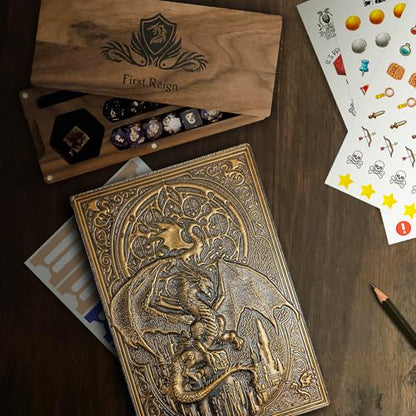 First Reign DnD Journal | Character Sheet, Campaign Tracker | 150+ Stickers | 200-page D&D notebook with 3D dragon embossed hardcover | Adventure log, DnD gifts, accessories & items for players and DMs