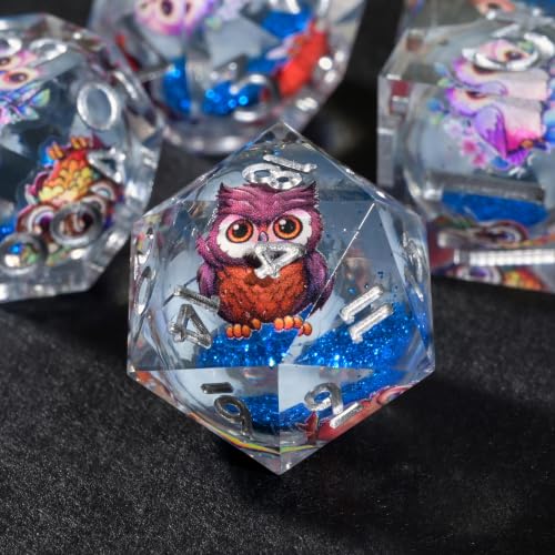 DND Dice Set Polyhedral, Translucent Liquid Core Dice, Resin Owl Design for Dungeons Dragons D and D TRPG Gaming Dice(Owl-Blue Glitter) - color: Owl-blue Glitter