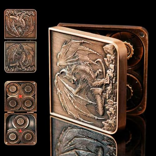 7 in 1 Spinner Metal DND Dice Set subitable for Dungeons & Dragons –Hand-Carved Dragon Design in Magnetic Iron Box （Copper） - color: Openable-copper