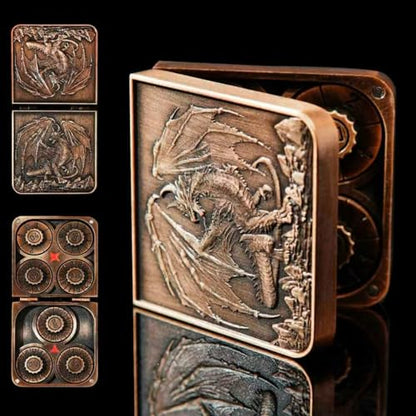 7 in 1 Spinner Metal DND Dice Set subitable for Dungeons & Dragons –Hand-Carved Dragon Design in Magnetic Iron Box （Copper） - color: Openable-copper
