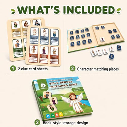 Travofun Magnetic Bible Matching Game, Memory & Clue Cards, Ages 4-8 | Magnetic memory matching with Bible character clue cards for church, Sunday school, family learning and travel. - style: Bible Heroes Game