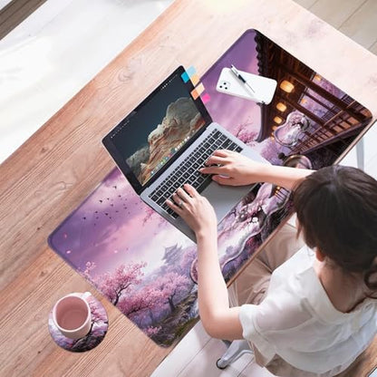 Mouse Pad,Large Desk Mat Set, 4in1 XL Mousepad + Keyboard Wrist Rest+Mouse Wrist Rest+Coaster with Ergonomic Desk Pad for Home Office Table Computer Cover -Cherry Blossom Tree - color: Cherry Blossom Tree