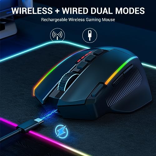 Redragon Wireless Gaming Mouse, Ergonomic Mouse 16000 DPI with Rapid Fire Key, 9 Macro Buttons, 170-Hour Durable Power Capacity and RGB Backlight Wired/Wireless Mouse for Laptop/Mac/PC - color: Deep black