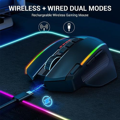 Redragon Wireless Gaming Mouse, Ergonomic Mouse 16000 DPI with Rapid Fire Key, 9 Macro Buttons, 170-Hour Durable Power Capacity and RGB Backlight Wired/Wireless Mouse for Laptop/Mac/PC - color: Deep black