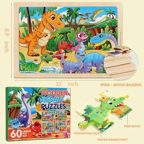 4 Packs 60 Piece Puzzles for Kids Ages 4-6, Wooden Animals Jigsaw Puzzles for Toddlers Age 4-8, Preschool Educational Puzzles Boards Toys, Brain Teaser Toys Gifts for 3 4 5 6 7 8 9 Boys Girls - style: Dinosaur
