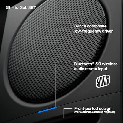PreSonus Eris Sub 8BT — 8" Inch Powered Subwoofer, Powered Sub, Active Subwoofer, Wireless, Bluetooth, Home Audio, Bass Speaker, Home Theater, Music Production, Gaming | 8 Woven Glass-Fiber Driver, 100W Class-Ab Amp, Low-Pass 50-130 Hz, High-Pass 80 Hz -