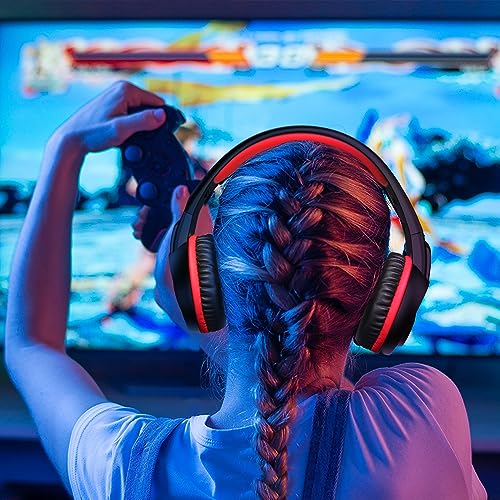 B3 Headset for Nintendo Switch, Xbox One, PS4, Mega Bass Surround and Noise Cancelling 3.5mm Jack Over Ear Headphones with Mic for Laptop PC - color: Red