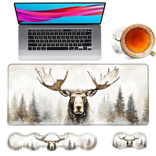 Large Mouse Pad and Keyboard Wrist Rest, Desk Pad for Keyboard and Mouse, 4-in-1 Large Gaming Mouse Pad with Wrist Support, Desk Mat for Home Office Study Game,Deer in Snowy Forest - color: Deer in Snowy Forest