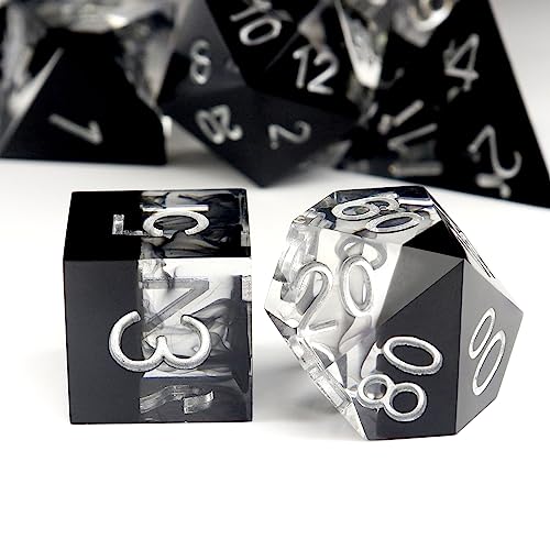 Haxtec Sharp Edge DND Dice Set, Black Swirls Resin Polyhedral RPG Dice | D&D Dice for Role Playing Games, Compatible with Dungeons and Dragons, Handmade 7-Die with Metal Case, TTRPG Gifts - color: Black Silver