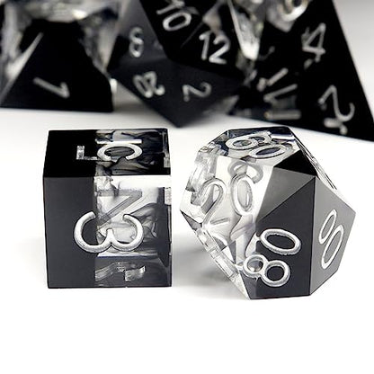 Haxtec Sharp Edge DND Dice Set, Black Swirls Resin Polyhedral RPG Dice | D&D Dice for Role Playing Games, Compatible with Dungeons and Dragons, Handmade 7-Die with Metal Case, TTRPG Gifts - color: Black Silver