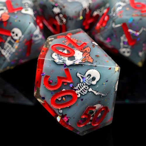 XENOLUX Polyhedral Dice Set for Dungeons and Dragons - Spooky Cute 3D Dancing Skeleton Resin DND Dice Set with Tin Box, Sharp Edge RPG Dice for Tabletop Board Games (L19) - color: L19