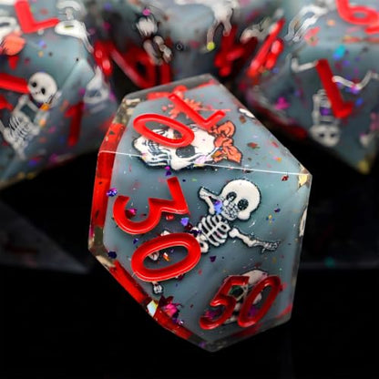 XENOLUX Polyhedral Dice Set for Dungeons and Dragons - Spooky Cute 3D Dancing Skeleton Resin DND Dice Set with Tin Box, Sharp Edge RPG Dice for Tabletop Board Games (L19) - color: L19