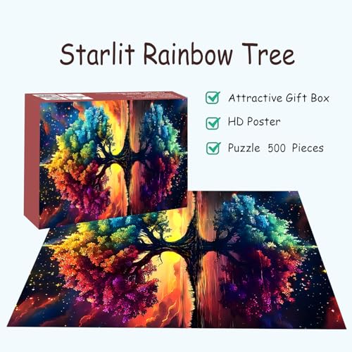 Puzzles for Adults 500 Pieces, Tree of Life Jigsaw Puzzles - Starlit Rainbow Tree, Impossible Starry Night Puzzle for Seniors Families,20.47x14.96 inches, 1:1 Poster, Letter on The Back - style: Starlit Rainbow Tree