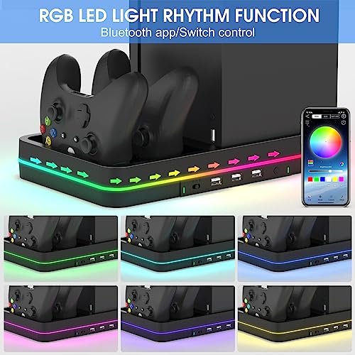 KEPLUG Dual Cooling Fan and Cooling Stand for Xbox Series X/S Console/Controller Dual Controller Charger Station with RGB LED Light & 3 USB Ports,Xbox Series x Accessories with 2 Headphone Hooks - color: Black
