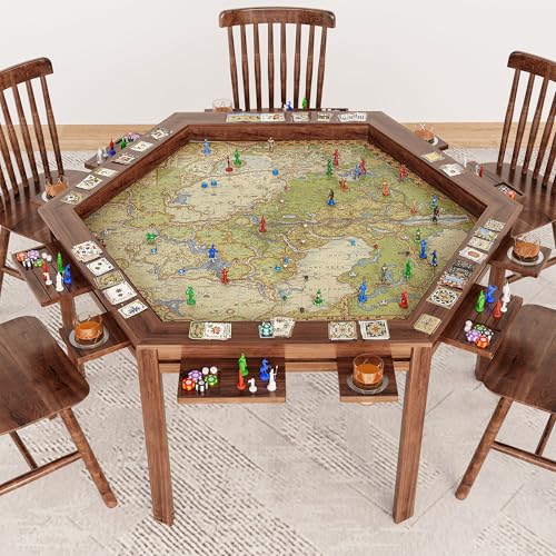Board Game Table, 59" Hexagon Gaming Table with Removable Table Top & Play Mat for 6 Players, Includes Detachable Cup Holders and Trays for Dining, Card, DND, Poker in Walnut - size: Hex Table