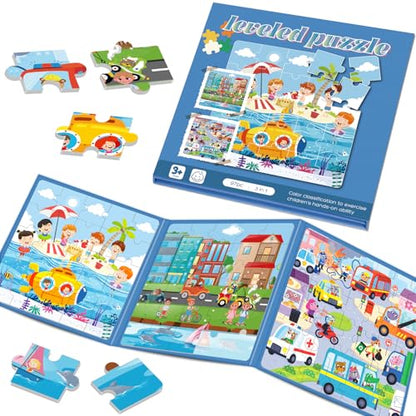 Magnetic Puzzles for Toddlers 3-5 Toddler Puzzle Travel Toys （Traffic） | Jigsaw Puzzles for Kids 97-Pieces Travel Toys Transportation Puzzles Ages 4-6 Road Car Trip & Airplane Activity - style: Transportation