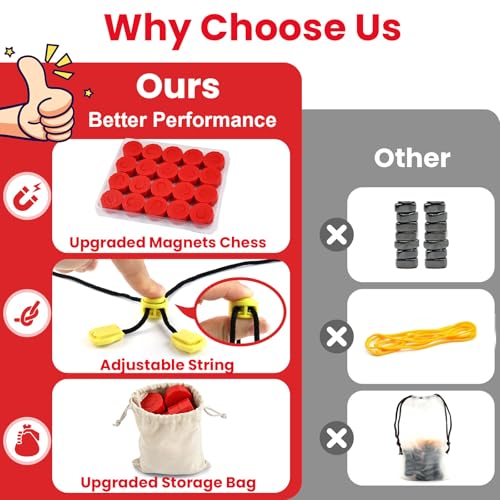 LLESSOO Magnet Game with String, Fun Strategy Board Games for Kids 8-12 and Adults, Magnetic Game for Family Night, Party & Travel, Includes 20 Chess Pieces, Rope and Storage Bag - color: Red