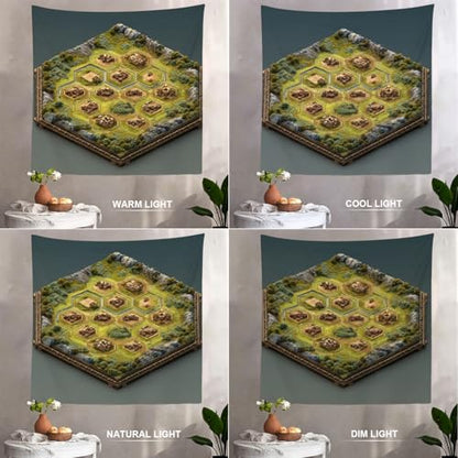 Batmerry Hex Grid Battlefield Miniature Terrain Tapestry, Isometric Game Map With Villages Wall Art Hanging Polyester Fiber White Ruffled Around for Dorm Room Bedroom Living Room, 59.1x59.1 inches