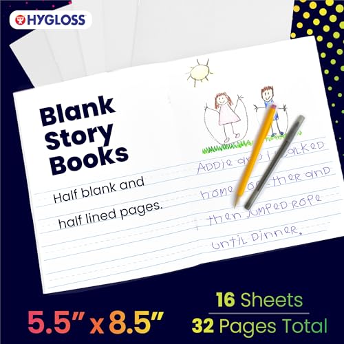 Hygloss Half Blank Books for Kids to Write Stories & Illustrate – Bulk 48 Pack – 5.5" x 8.5" A5 – Primary Journal for Grades K-2, Preschool/Kindergarten Notebook with Picture Space – 24 Pages, White - color: White, style: 48 Books