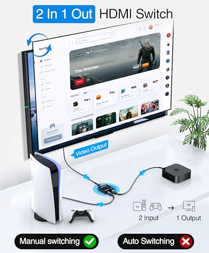 Kinivo 8K HDMI Switch 2 in 1 Out - (Uni-Directional, 8K 60Hz, Ultra HD Switcher Hub, 48Gbps HDMI Hub, HDR10+ Selector, Manual Switching Only) - Compatible with HDTV, PS5/4, Xbox, Projector - size: 8K - 2 Port