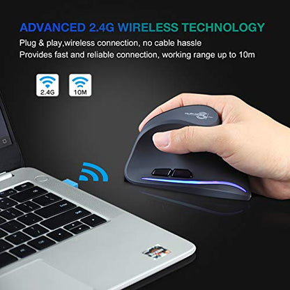 TRELC Ergonomic Mouse, 2.4G Wireless Vertical Optical Mouse with Adjustable Sensitivity (1000/1600/2400 DPI), 6 Buttons for PC, Desktop, Laptop, Notebook (Black) - color: 2.4GHz