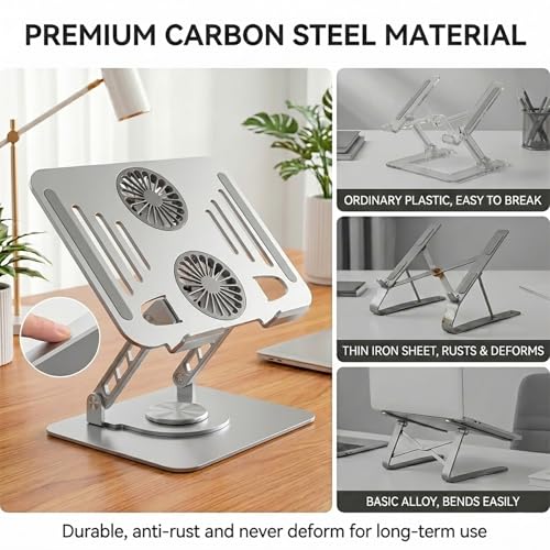 Laptop Stand with Cooling Fan, 360 Rotating Base Aluminum Laptop Riser, Foldable Ergonomic Computer Stand for Desk, Height Adjustable Notebook for All Laptops up to 17.3" (Silver) - color: Silver