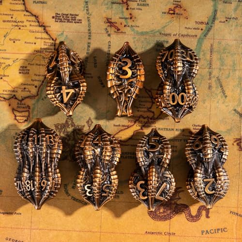 7-Die Metal DND Dice Set Metallic Polyhedral Role Playing Dice | Dragon Claw Design Perfect for Dungeons & Dragons RPG Tabletop Role-Playing Games - color: Dragon Claw-ancient Gold