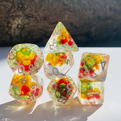 Sage’s Portal Cantrips DND Dice Set - Round Edge Resin 7-PC Polyhedral DND Dice Set for Dungeons and Dragons D&D RPG Tabletop TTRPG (Red/Yellow/Green Flowers) - color: Tri Flowers