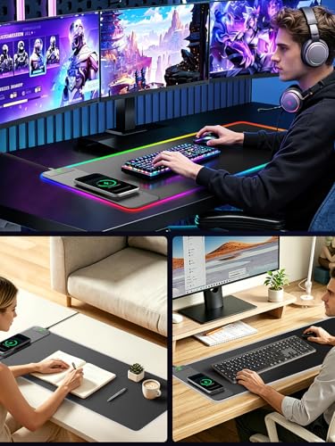 Wireless Charging Mouse Pad Gaming, 31.5"x11.8" Large Desk Mat, Waterproof | RGB Mousepad, Smooth Glide, Stitched Edge, Non-Slip Rubber Base, Desk Pad Computer Keyboard Mat, No Adapter - color: RGB-31.5"x11.8"