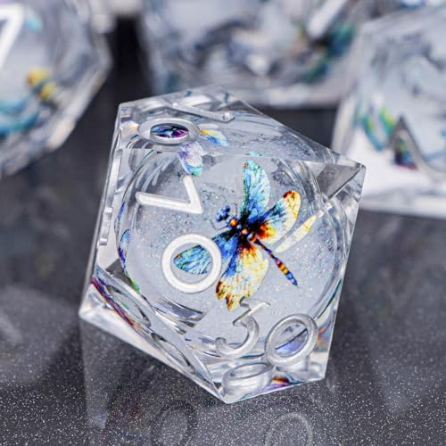 DND Dragonfly Dice 7PCS Polyhedral Sharp Edge Dice Set with Gift Case for Dungeons Dragons Role Playing Game, RPG Resin D and D Dice D6 D8 D10 D12 D20 D% (White Silver) - color: Qt-white Silver