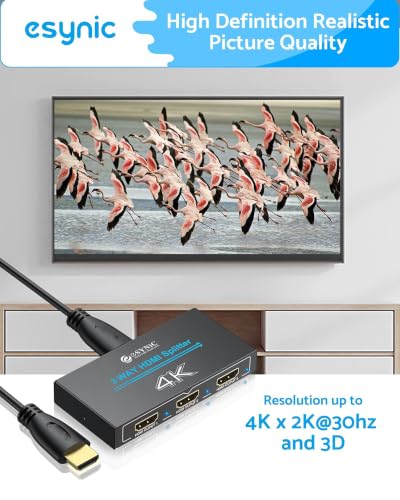 eSynic 4K@30Hz HDMI Splitter 1x3-1 in 3 Out HDMI Splitter for Dual Monitors-Plug & Play-Supports1080P 3D HDCP Bypass – for PS4/PS5, Projector, PC, TV, Office Conference -Only Mirror No Extend Mode - size: 1 in 3 Out