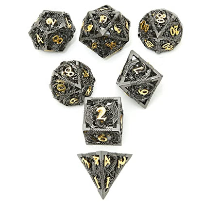 Metal DND Dragon Dice Set Dungeons and Dragons for Role Playing Games (RPG) MTG Pathfinder Tabletop Games(Black Gold) - color: Black/Gold