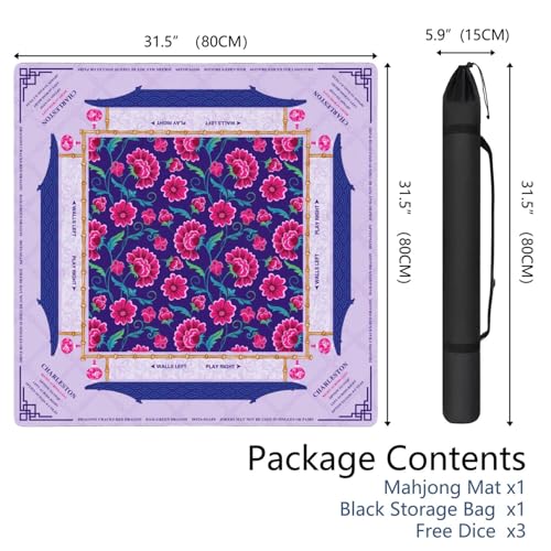 Mahjong Mat for Table with Carrying Bag & 3 Dice, Purple Pink Floral 31.5"x31.5" Square Rubber Mahjong Table Cover, Non-Slip & Noise Reduction Gaming Mat for Mah Jongg, Poker, Dominoes & Tile Games - color: Purple Pink