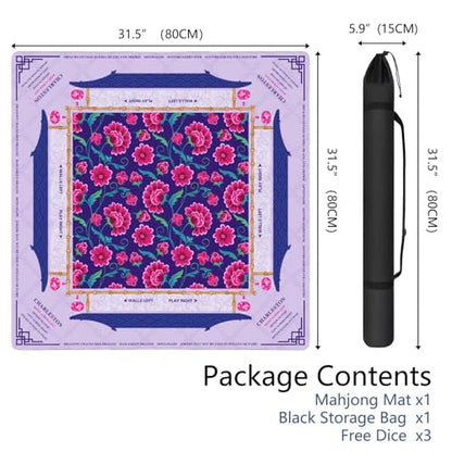 Mahjong Mat for Table with Carrying Bag & 3 Dice, Purple Pink Floral 31.5"x31.5" Square Rubber Mahjong Table Cover, Non-Slip & Noise Reduction Gaming Mat for Mah Jongg, Poker, Dominoes & Tile Games - color: Purple Pink