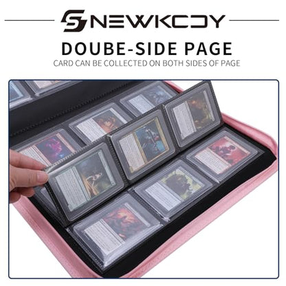 Snekdy Top loader Binder, 9 Pockets Top Loader，Holds 360 Top Loaders cards, Card binder with Sleeves for card in 3 x 4 inches color smooth Zipper PU Leather (Pink) - color: Pink