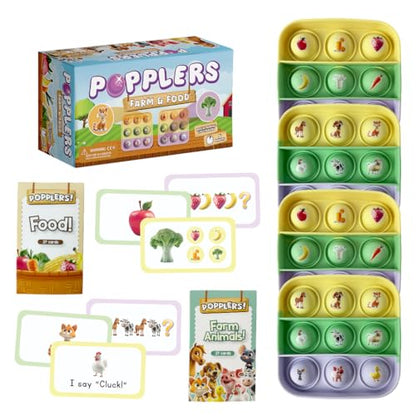 The Fidget Game Popplers, Matching Memory Game for Toddlers Early Learning & Educational Fidget Toy, Food & Farm Animals Popping Game, Teacher Must Have for Matching, Sound Recognition and First Words