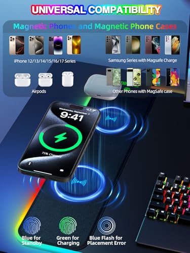 Mouse Pad with 15W Magnetic Wireless Charging, RGB Mousepad for Desk Mat, XXL Desk Pad with 11 Colors 5 Modes, Home Office Keyboard Pad Waterproof Non-Slip for PC Gaming - color: Black Touch Control Magnetic XXL with PD Charger