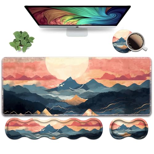 Ergonomic Keyboard Wrist Rest and Mouse Pad Wrist Rest Set, Large XXL Gaming Mousepad 31.5"x 11.8", Memory Foam, Easy Typing Pain Relief, Multifunctional Desk Mat for Office & Home, Mountain Sunrise - color: Mountain Sunrise