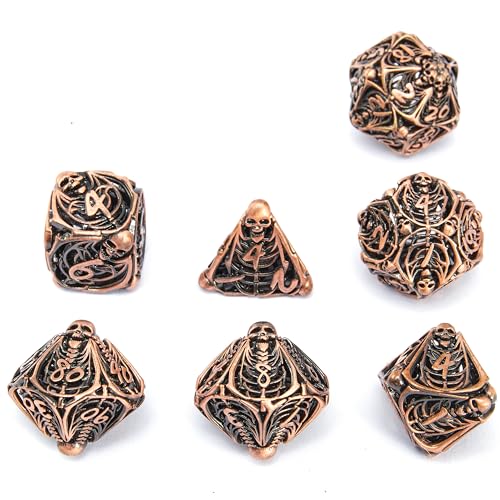 Metal Skull Dice Set Hollow Multi-Sided Dungeons & Dragons Dice 7CPS Role-Playing Dice Set with Flannel Bag Suitable for D&D Board Game Cards(Antique red Copper) - color: Antique Red Copper