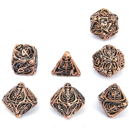 Metal Skull Dice Set Hollow Multi-Sided Dungeons & Dragons Dice 7CPS Role-Playing Dice Set with Flannel Bag Suitable for D&D Board Game Cards(Antique red Copper) - color: Antique Red Copper
