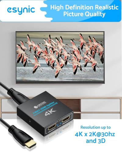 eSynic 4K@30Hz HDMI Splitter 1x2-1 in 2 Out HDMI Splitter for Dual Monitors-Plug & Play-Supports1080P 3D HDCP Bypass – for PS4/PS5, Projector, PC, TV, Office Conference -Only Mirror No Extend Mode - size: 1 In 2 Out