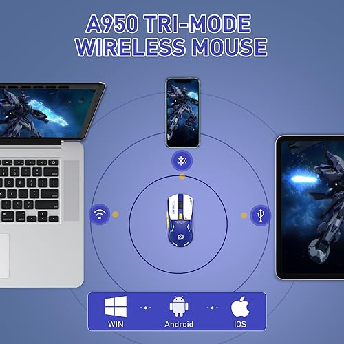 DAREU A950 Wireless Gaming Mouse with RGB Charging Dock,88g Lightweight Programmable Tri-Mode Wireless Mouse Gaming, Up to 12K DPI,1000Hz,120Hrs Playtime with RGB Backlit, Great for PC, Mac - color: Blue
