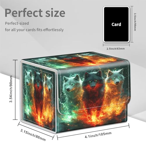 Wolf Fire Magic for MTG Deck Box, 100+ Double Sleeved Card Storage Case, PU Leather Commander Deck Case for TCG Magic Yugioh, Magnetic Closure - color: Wolf Fire Magic
