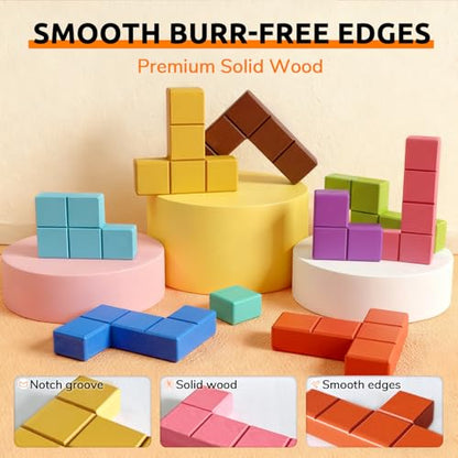 Wooden Memory Matching Game for Adults with Dementia, 13 Pieces | 20 Double-Sided Cards, 40 Patterns, 3 Levels, 8.27 x 8.27 in Board, Easy-Grip Sanded Tiles, Divided Storage Bag
