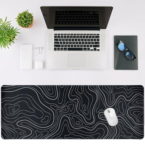 Gaming Mouse Pad Large 31.5 x 11.8in Topographic Keyboard Mousepad for Non-Slip Base and Stitched Edge, Extended Desk Pad XL Desk Mat (Black) - color: Black